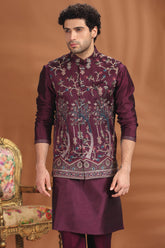 Purple Silk Embroidered Kurta Pajama with Jacket